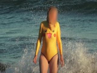 Swimsuit pussy shows sheer transparent beach.avi